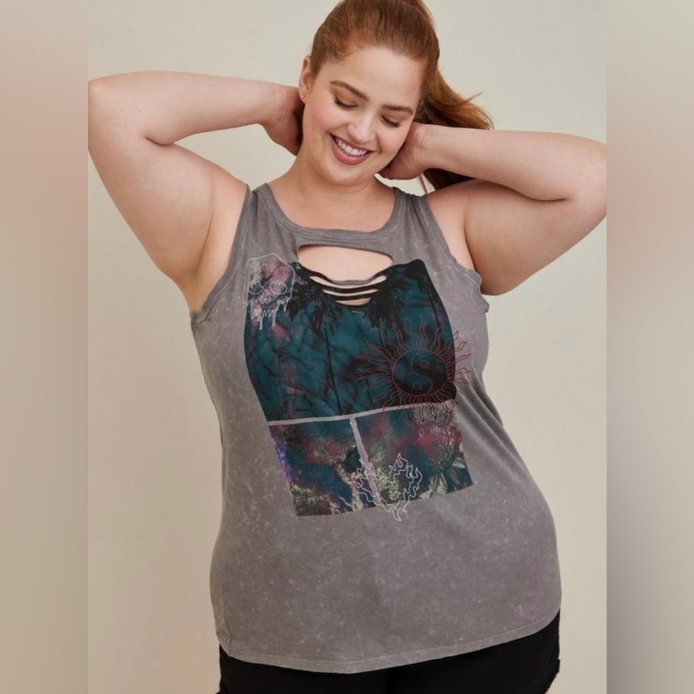 Torrid LoveSick Front Slash Tank - Palm Dreams Grey Wash